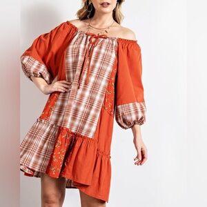 E14 LAST One! new nwt easel khaki dress burnt orange floral plaid